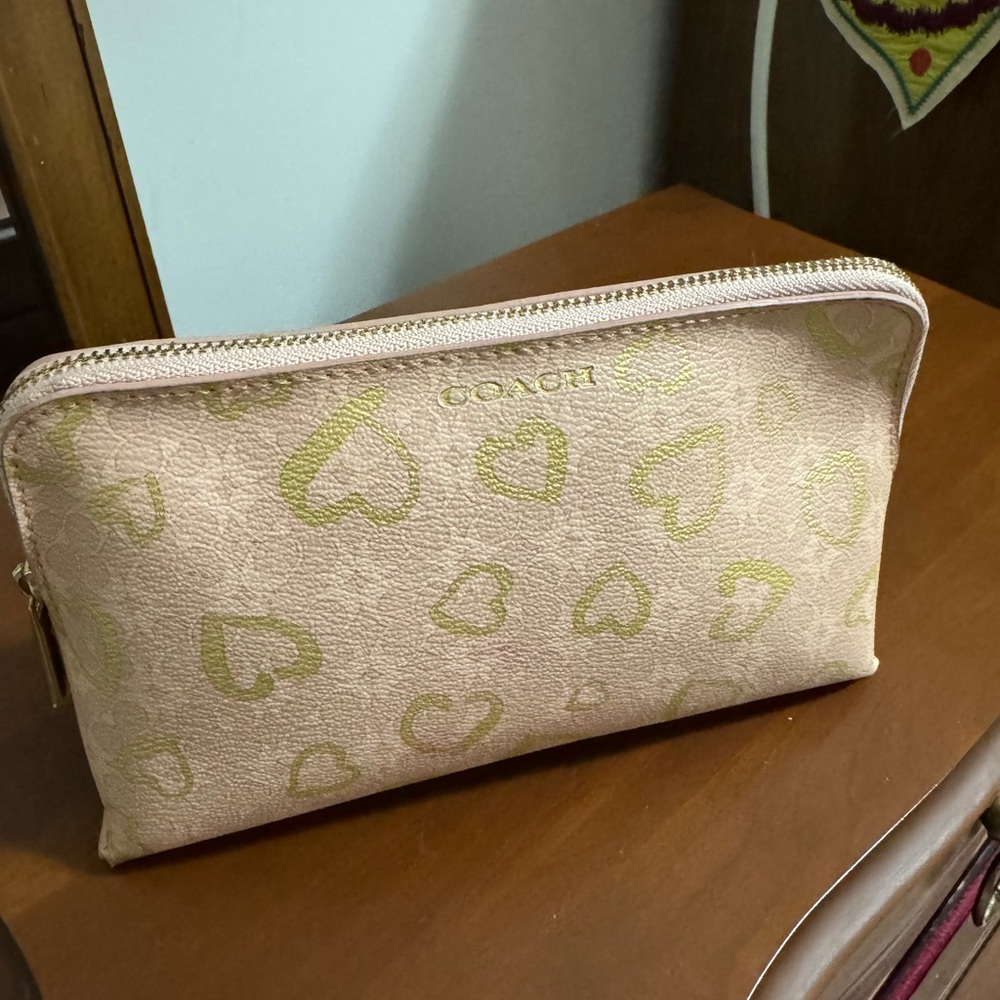 Coach Pink and Gold Heart canvas cosmetic Case